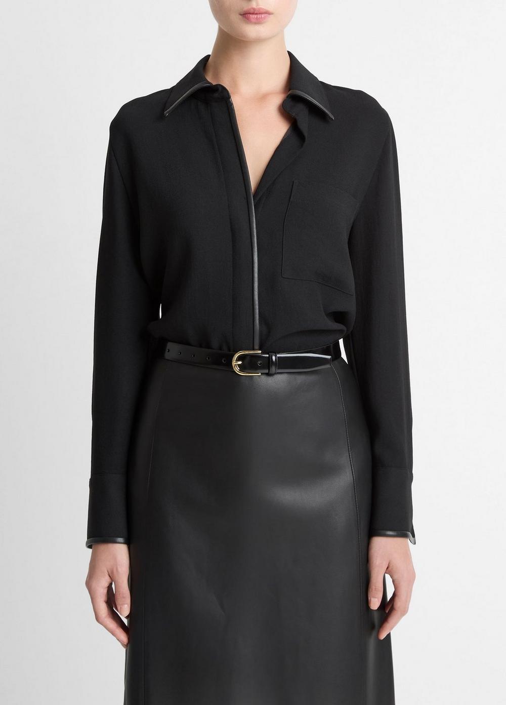 Women's Faux-Leather-Trim Crepe Button-Front Shirt, Black, Size XXS Vince
