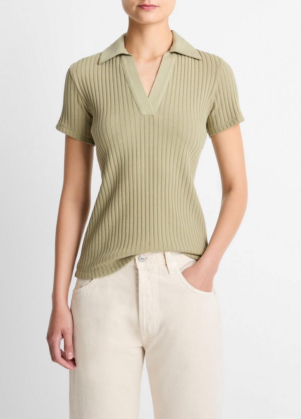 Women's Ribbed Cotton-Blend Polo Shirt, Olive Stone, Size XXS Vince
