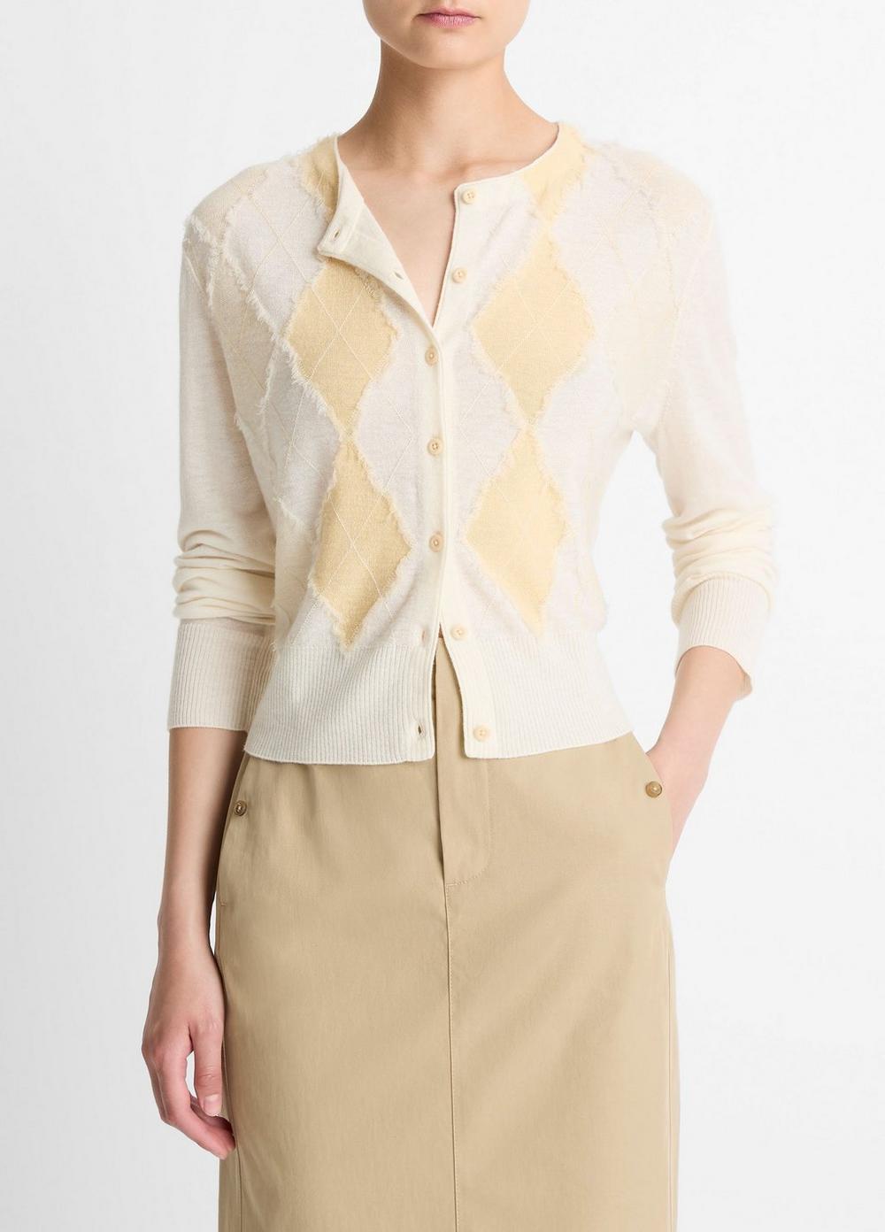 Women's Hand-Cut Argyle Wool-Blend Cardigan, Crema/palazzo/buttermilk, Size XXS Vince