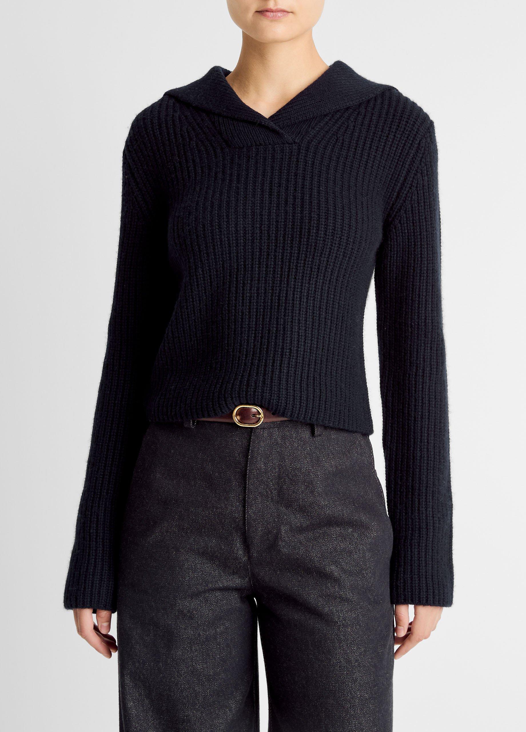 Women's Ribbed Wool-Cashmere Sailor-Collar Sweater, Coastal Blue, Size XL Vince