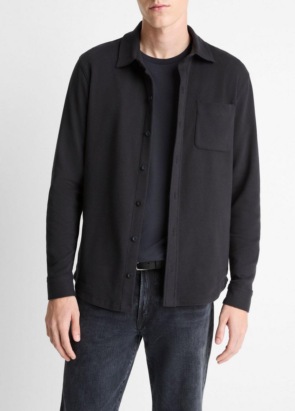 Men's Knit Cotton-Blend Button-Front Shirt, Black, Size L Vince