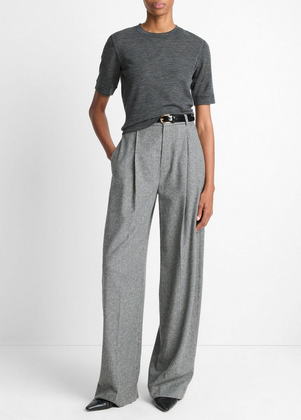 Women's Roma Check Italian Wool-Blend High-Waist Trouser, Dark Grey Check, Size 4 Vince