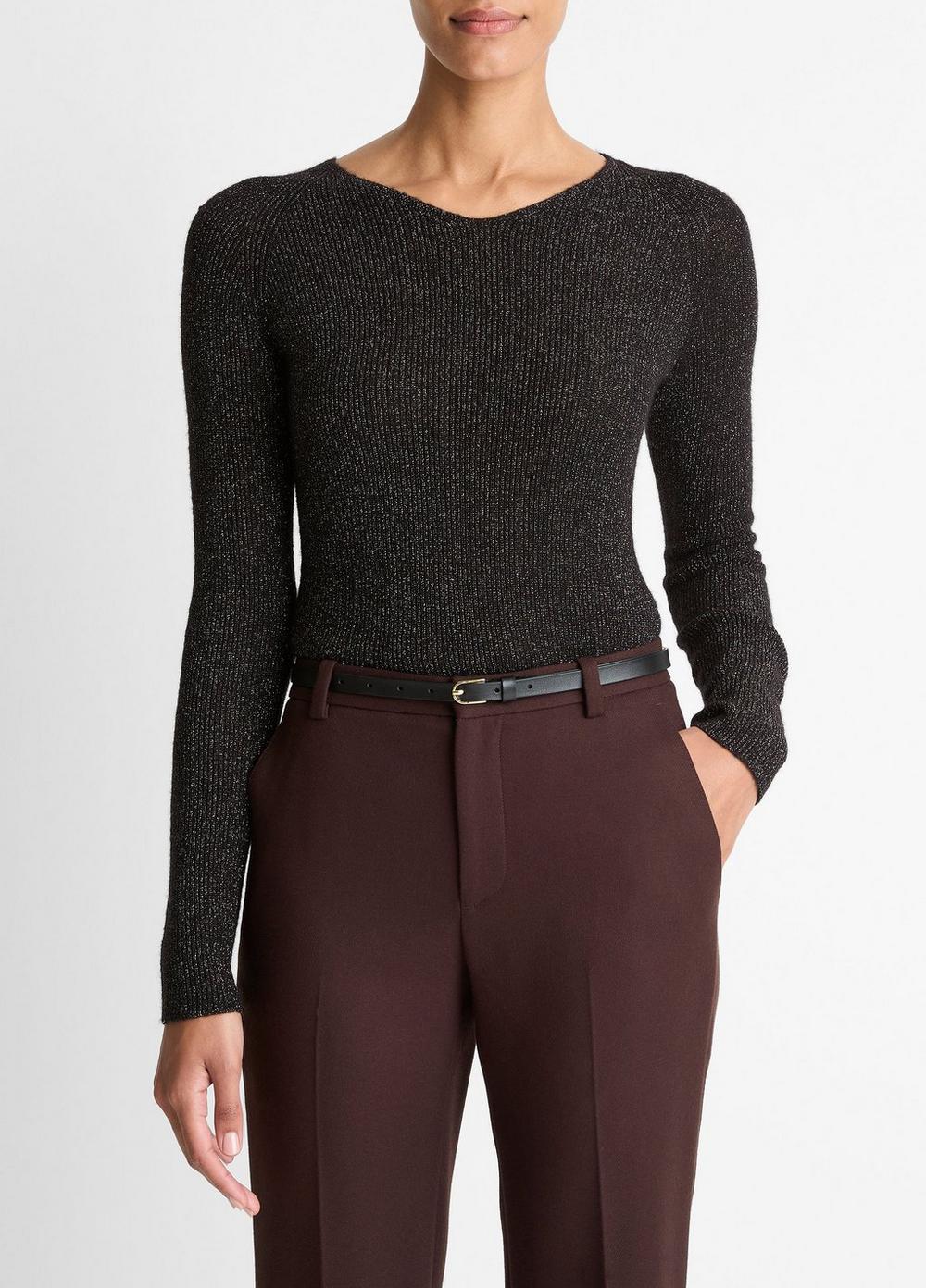Women's Metallic Ribbed High V-Neck Sweater, Black Metallic, Size S Vince