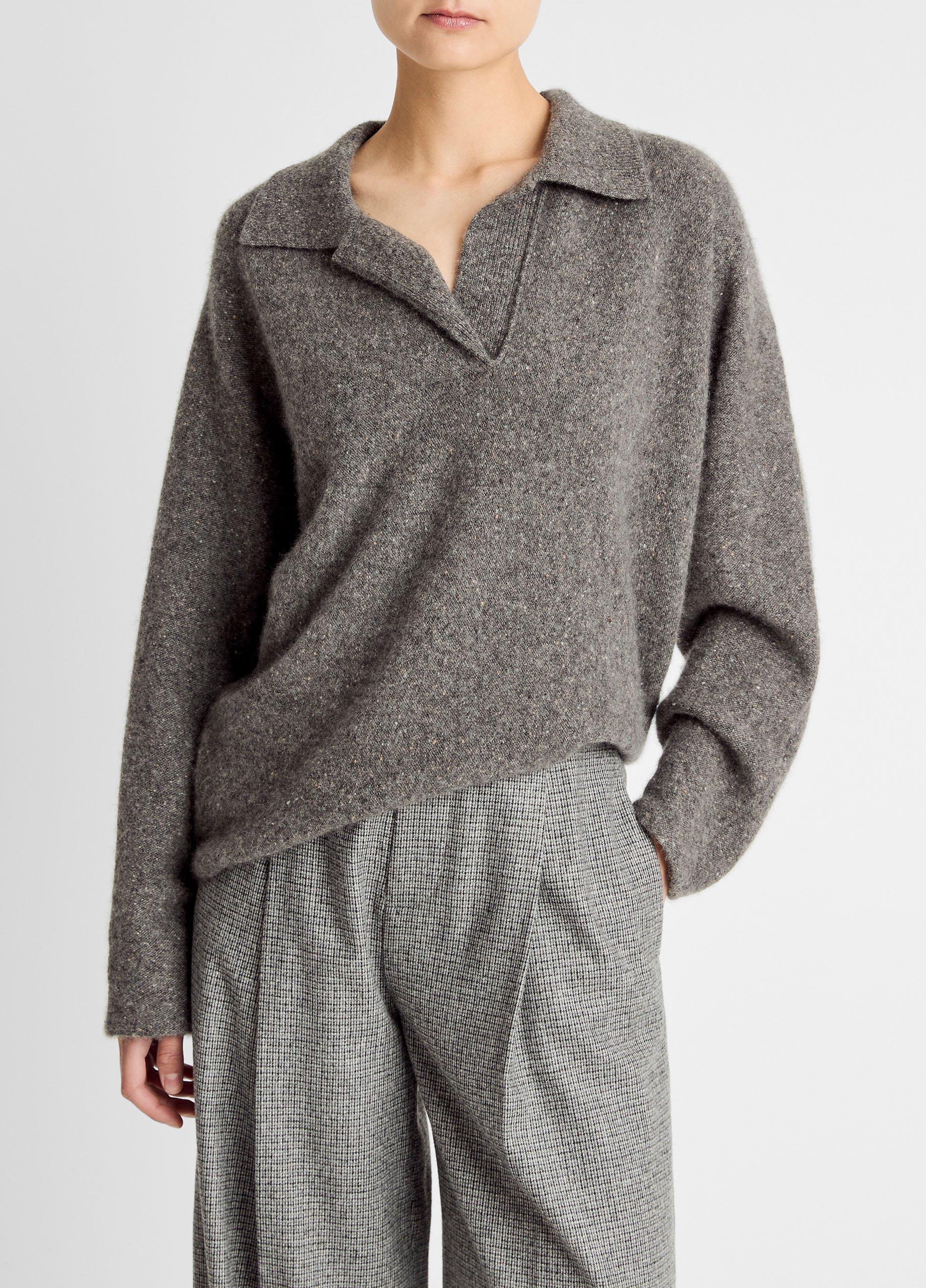 Women's Donegal Plush Cashmere Dolman-Sleeve Polo Sweater, Medium Heather Grey Donegal, Size S Vince
