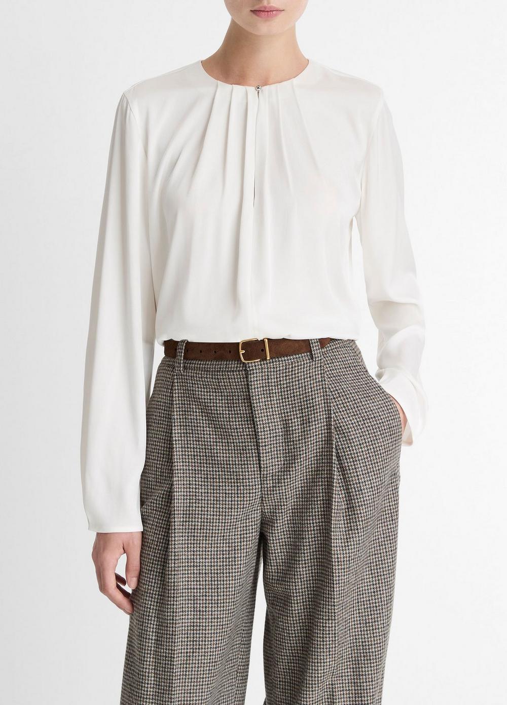 Women's Silk-Blend Pleated-Neck Blouse, Off White, Size L Vince by Vince