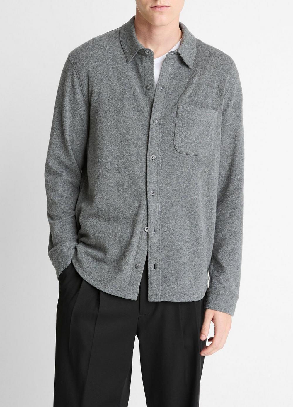 Men's Knit Cotton-Blend Button-Front Shirt, Medium Heather Grey, Size M Vince
