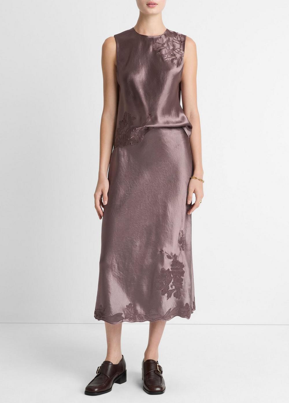 Women's Floral-embroidered Satin Slip Skirt, Smoky Berry, Size S Vince