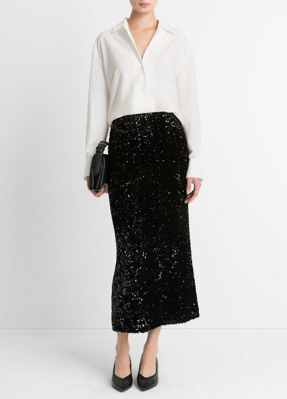 Women's Sequined Velvet Column Skirt, Black, Size 0 Vince