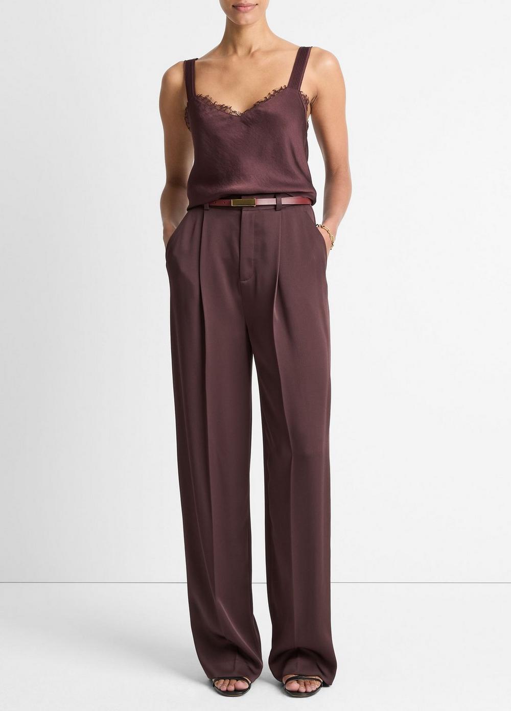 Women's Satin Pleated Wide-Leg Trouser, Dark Fig, Size 14 Vince