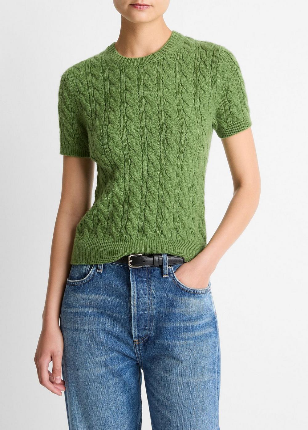 Women's Cable-Knit Wool & Cashmere-Blend Short-Sleeve Sweater, Clover, Size XS Vince