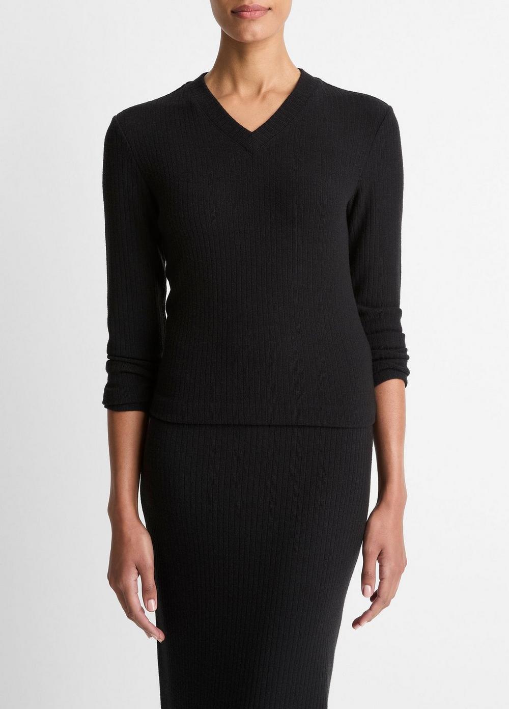 Women's Cozy Rib High V-Neck Top, Black, Size XL Vince