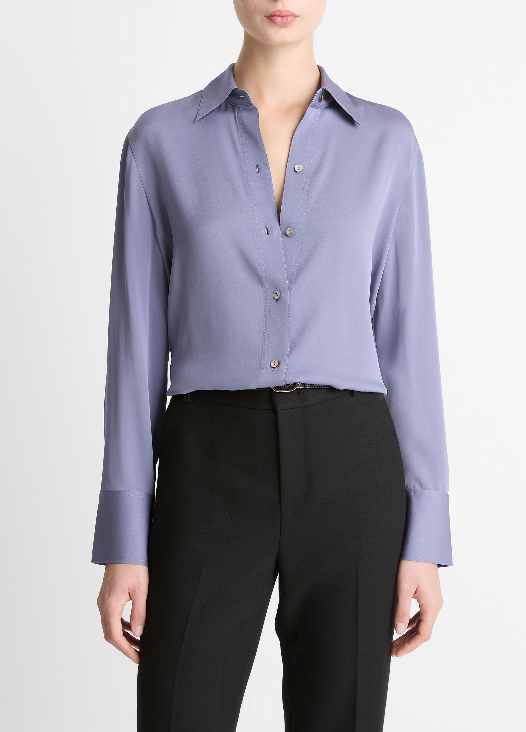 Women's Stretch-Silk Button-Front Blouse, Mauve Iris, Size XS Vince