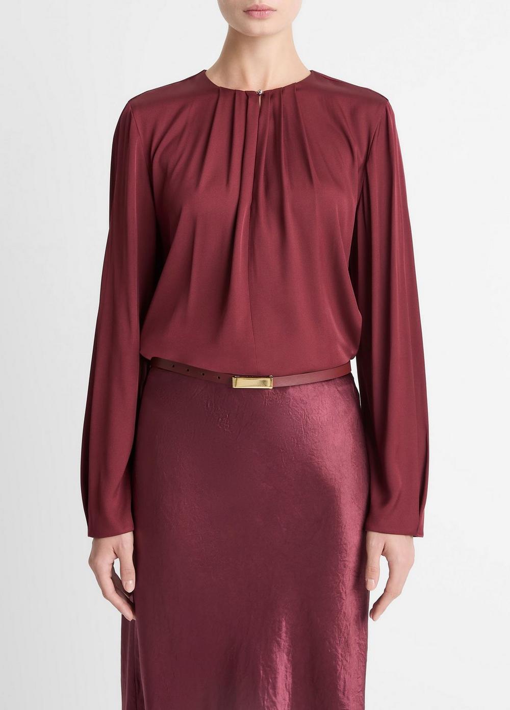 Women's Silk-Blend Pleated-Neck Blouse, Bordeaux, Size L Vince