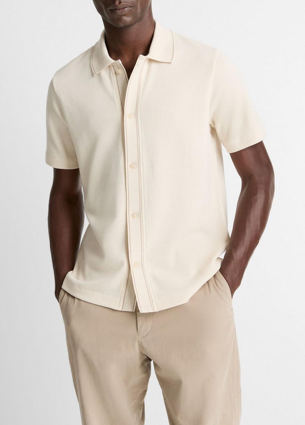 Men's Jacquard-Knit Cotton Short-Sleeve Button-Front Shirt, Bone/river Sand, Size XXL Vince