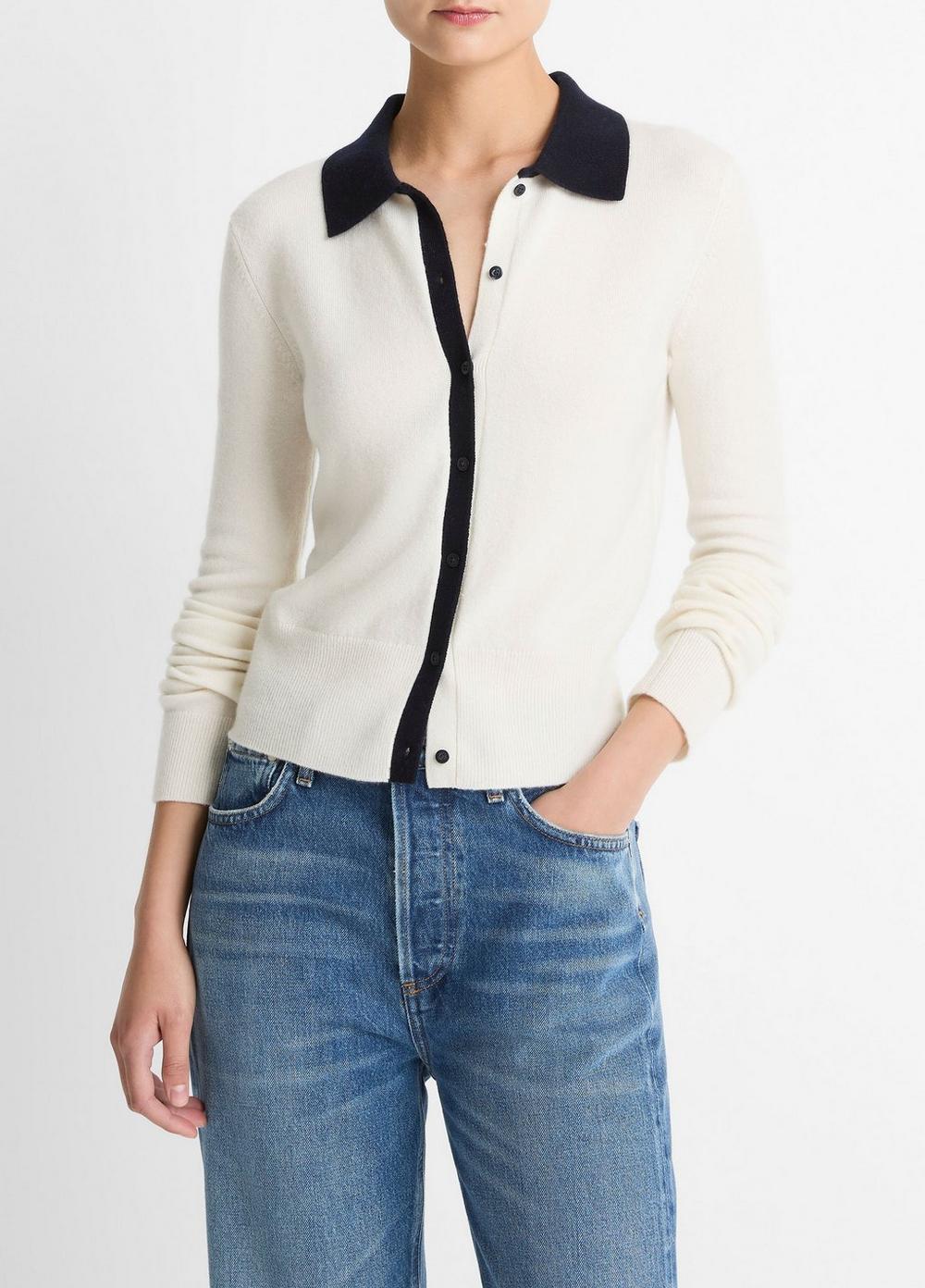 Women's Contrast-Trim Wool & Cashmere-Blend Collared Cardigan, Off White/coastal Blue, Size L Vince