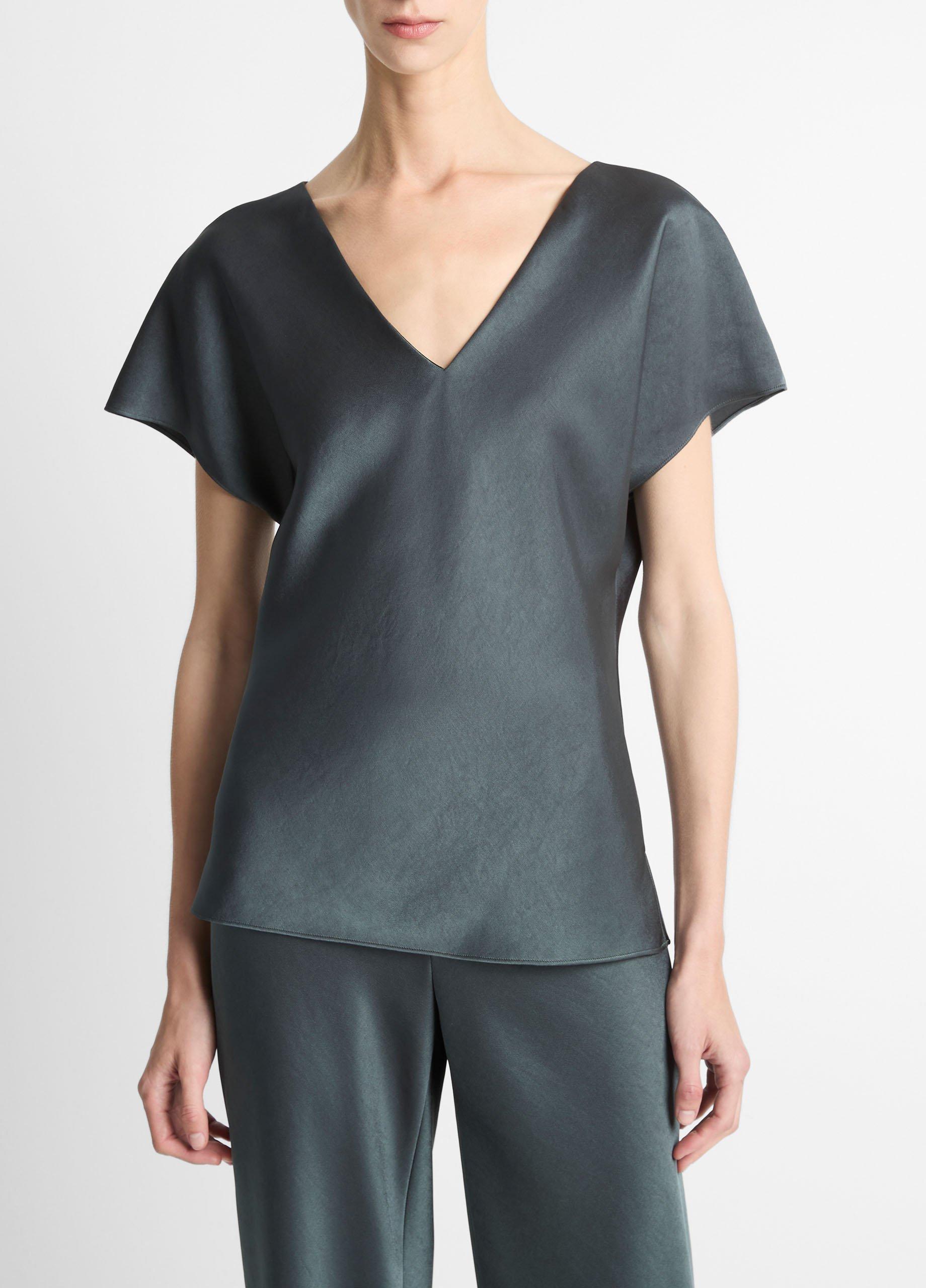 Women's Satin V-Neck Blouse, Malachite, Size S Vince