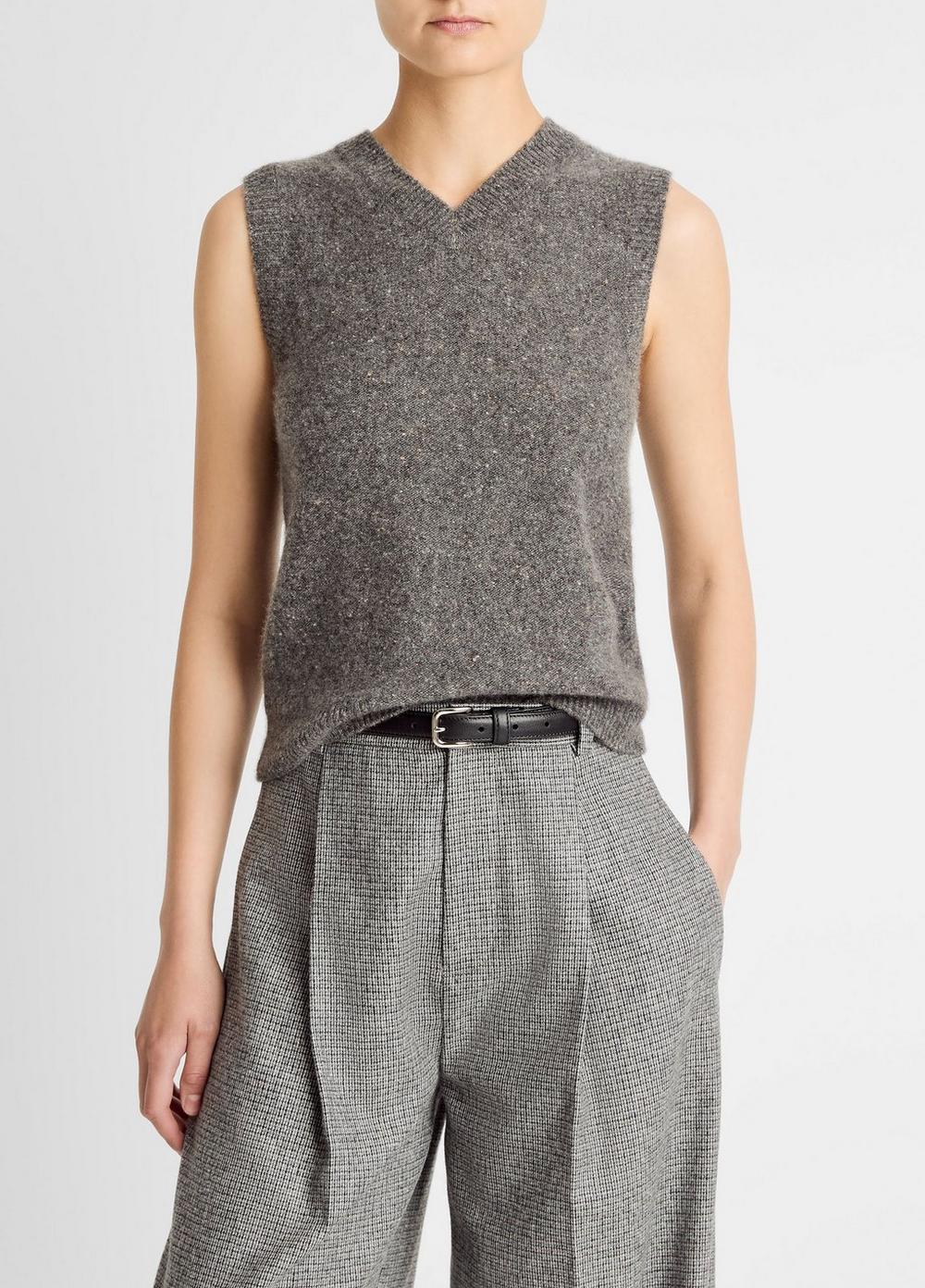 Women's Donegal Plush Cashmere Sweater Vest, Medium Heather Grey Donegal, Size L Vince