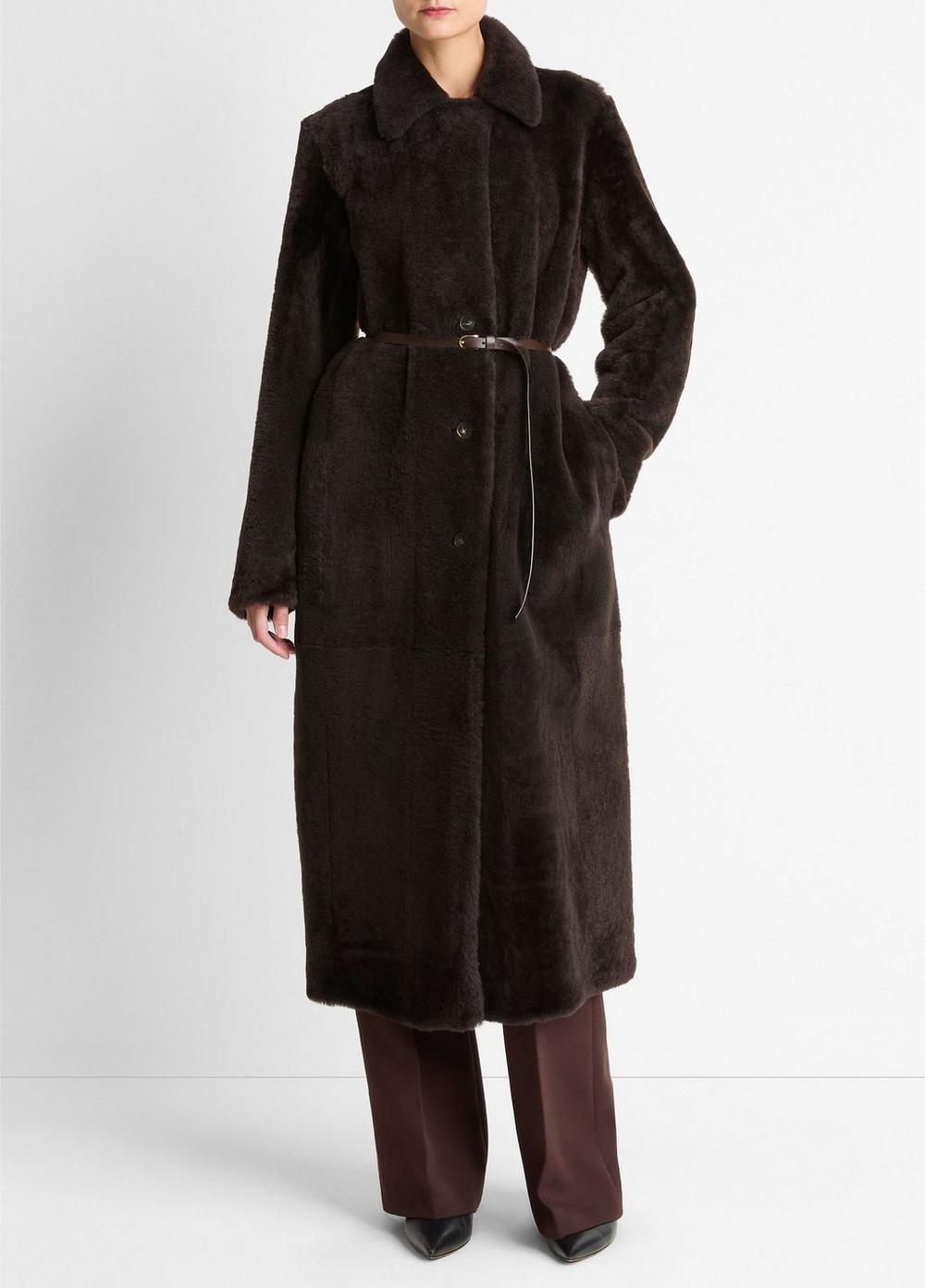 Women's Shearling Long Coat, Dark Umber, Size S Vince