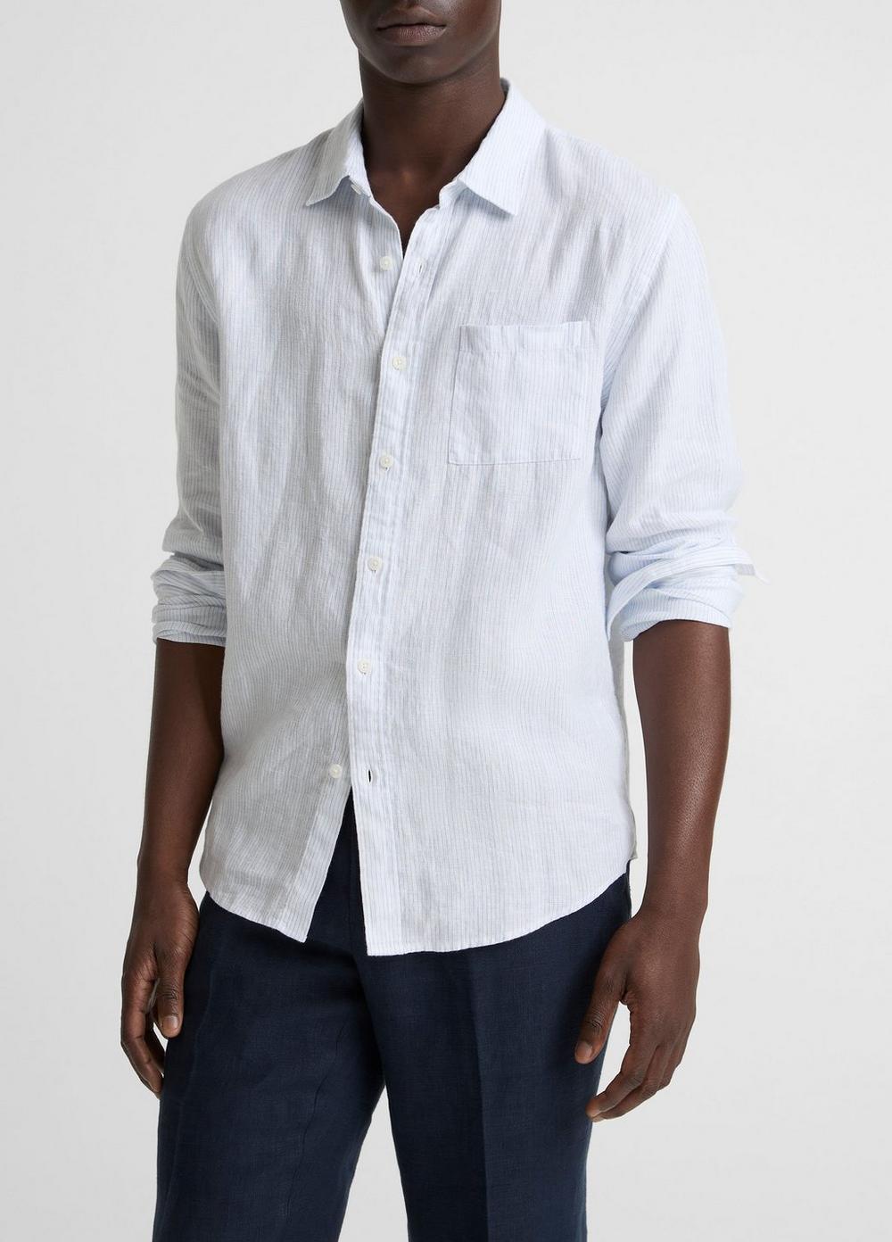 Men's Tate Stripe Linen Button-Front Shirt, Optic White/novo, Size L Vince