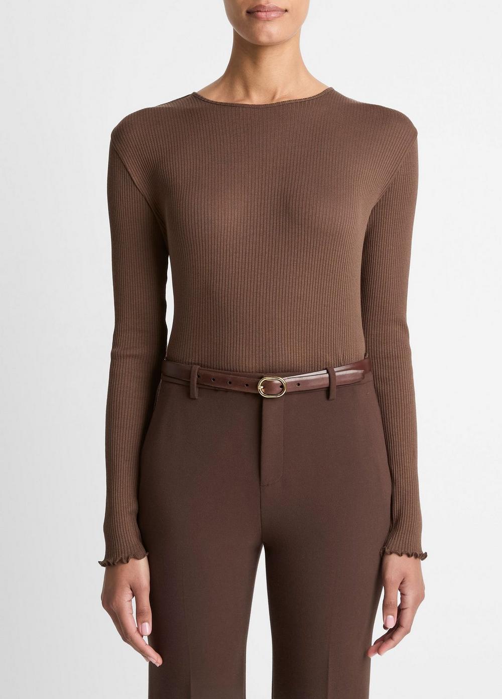 Women's Ruffled-Edge Pima Cotton Long-Sleeve T-Shirt, Espresso, Size S Vince