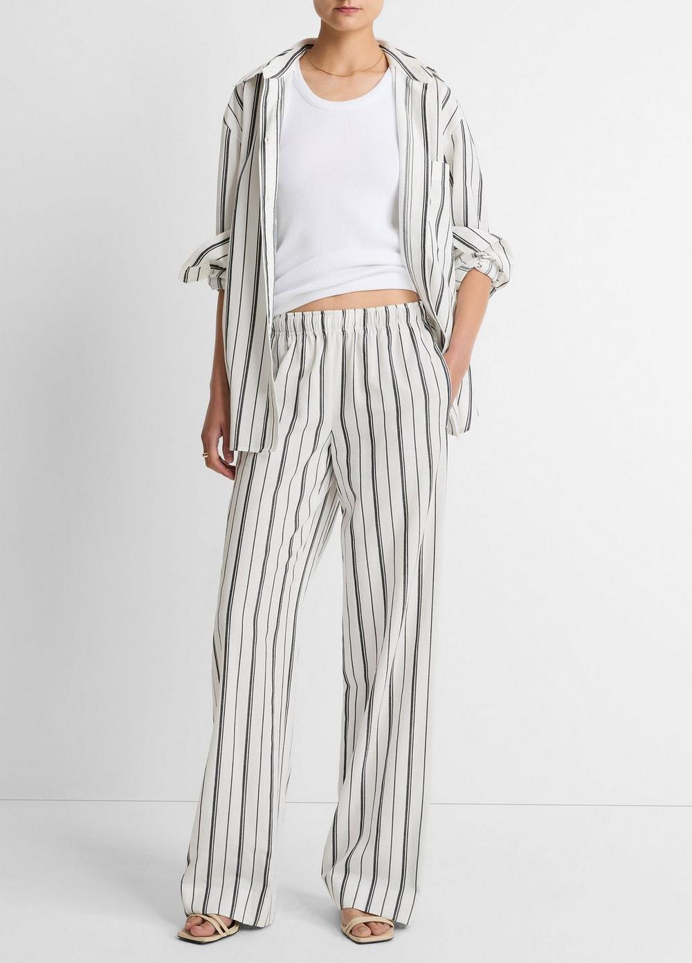 Women's Resort Stripe Pull-On Pant, White/black, Size L Vince