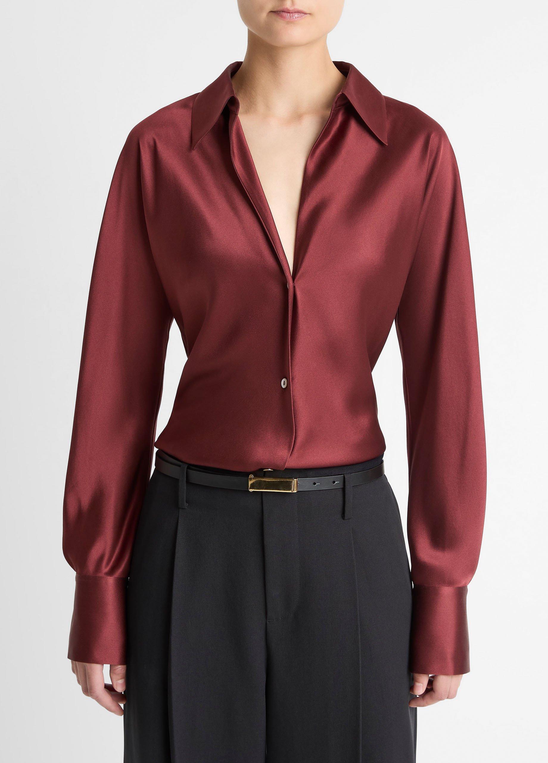 Women's Silk Bias Long-Sleeve Blouse, Bordeaux, Size XS Vince