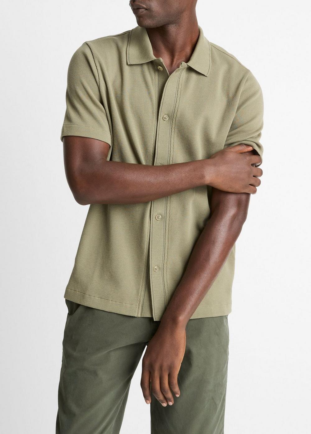 Men's Jacquard-Knit Cotton Short-Sleeve Button-Front Shirt, Sage/sycamore, Size XL Vince
