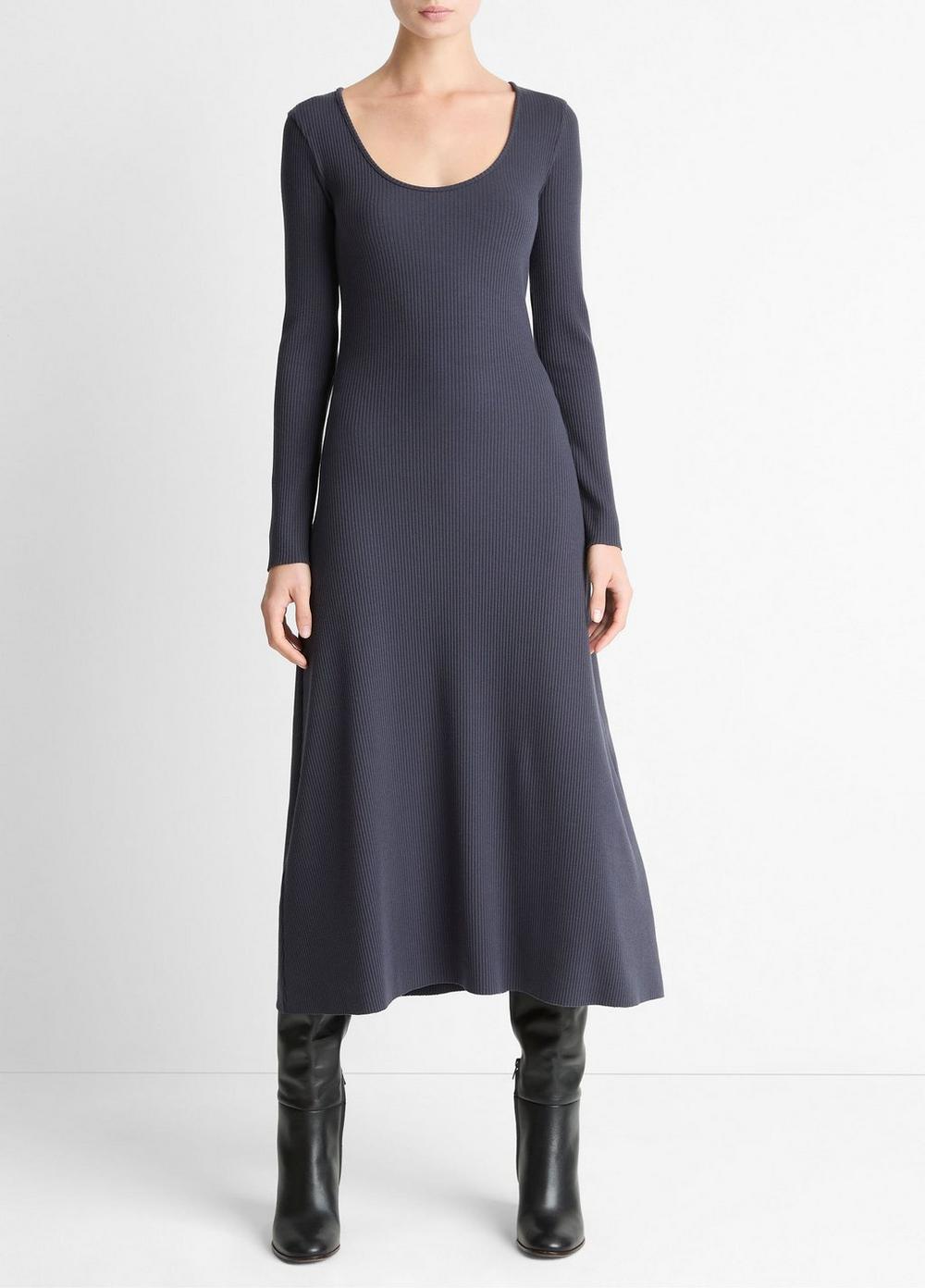 Women's Ribbed Cotton-Blend Scoop-Neck Dress, Night Marine, Size L Vince