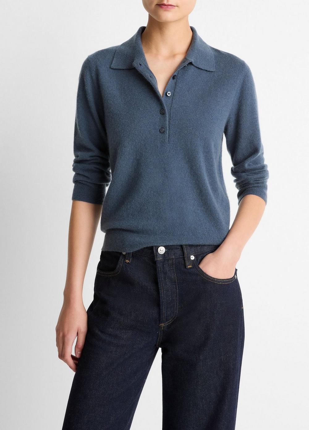 Women's Cashmere-Silk Polo Sweater, Azura, Size L Vince