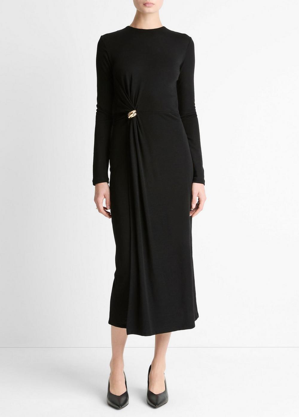 Women's Cinched-Waist Wool-Blend Long-Sleeve Dress, Black, Size S Vince