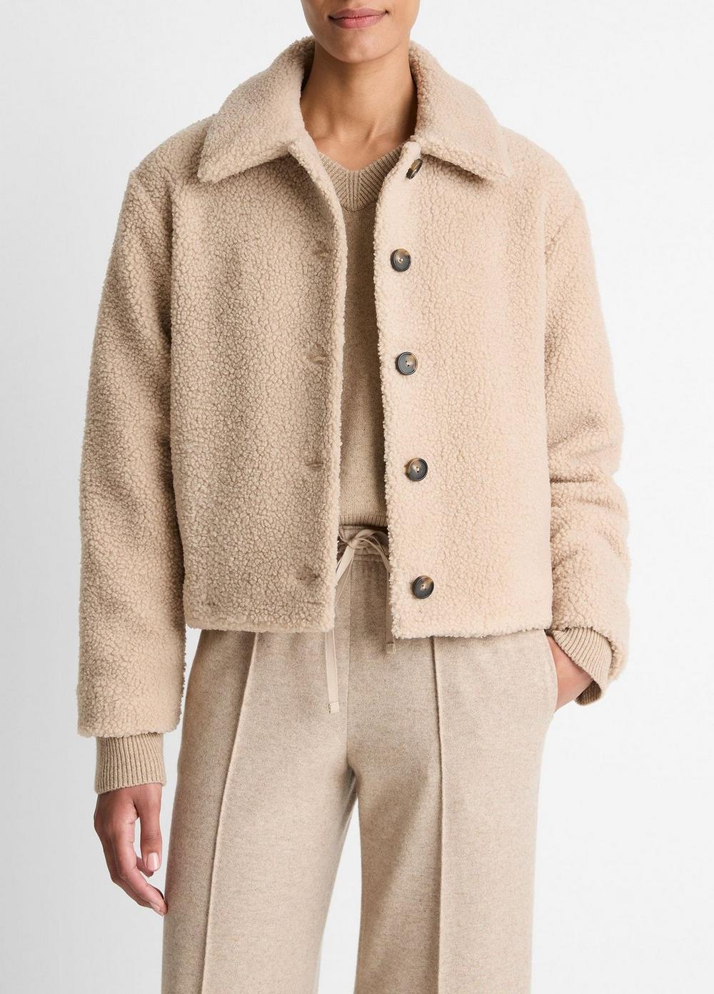 Women's Collared Sherpa Jacket, Marzipan, Size XL Vince by Vince