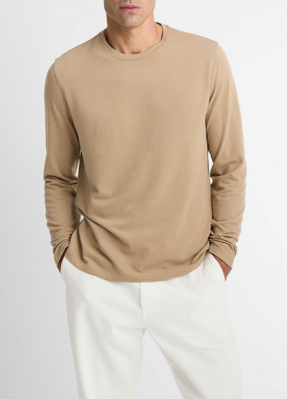 Men's Birdseye Jacquard Pima Cotton Long-Sleeve T-Shirt, British Khaki/medium Grey, Size XS Vince