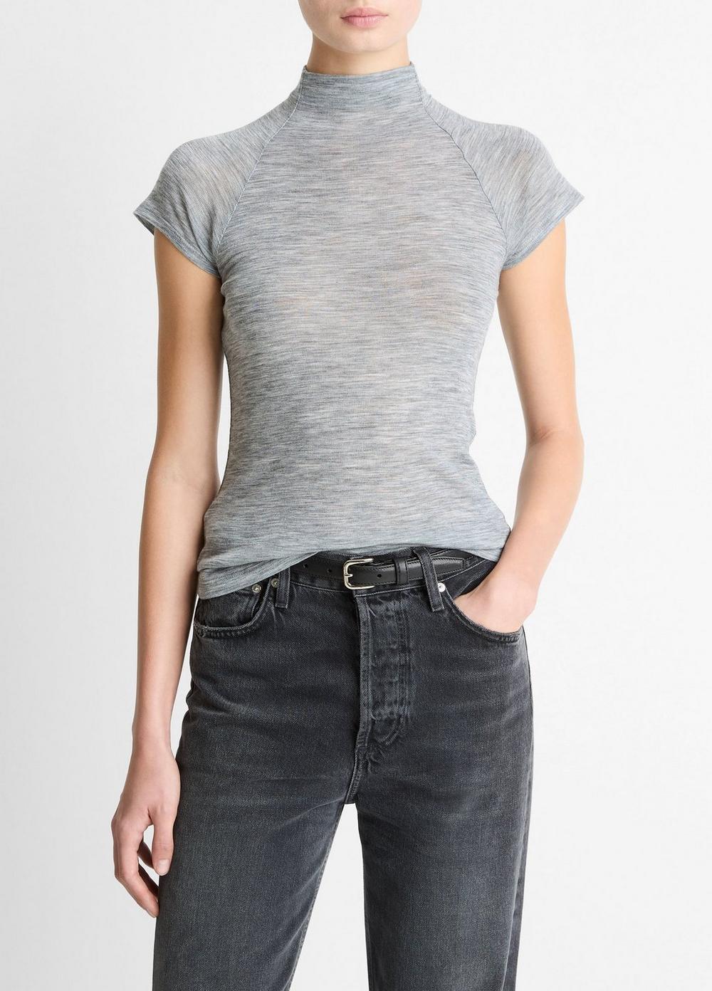 Women's Wool Raglan Cap-Sleeve Mock-Neck Top, Heather Thistle, Size XS Vince