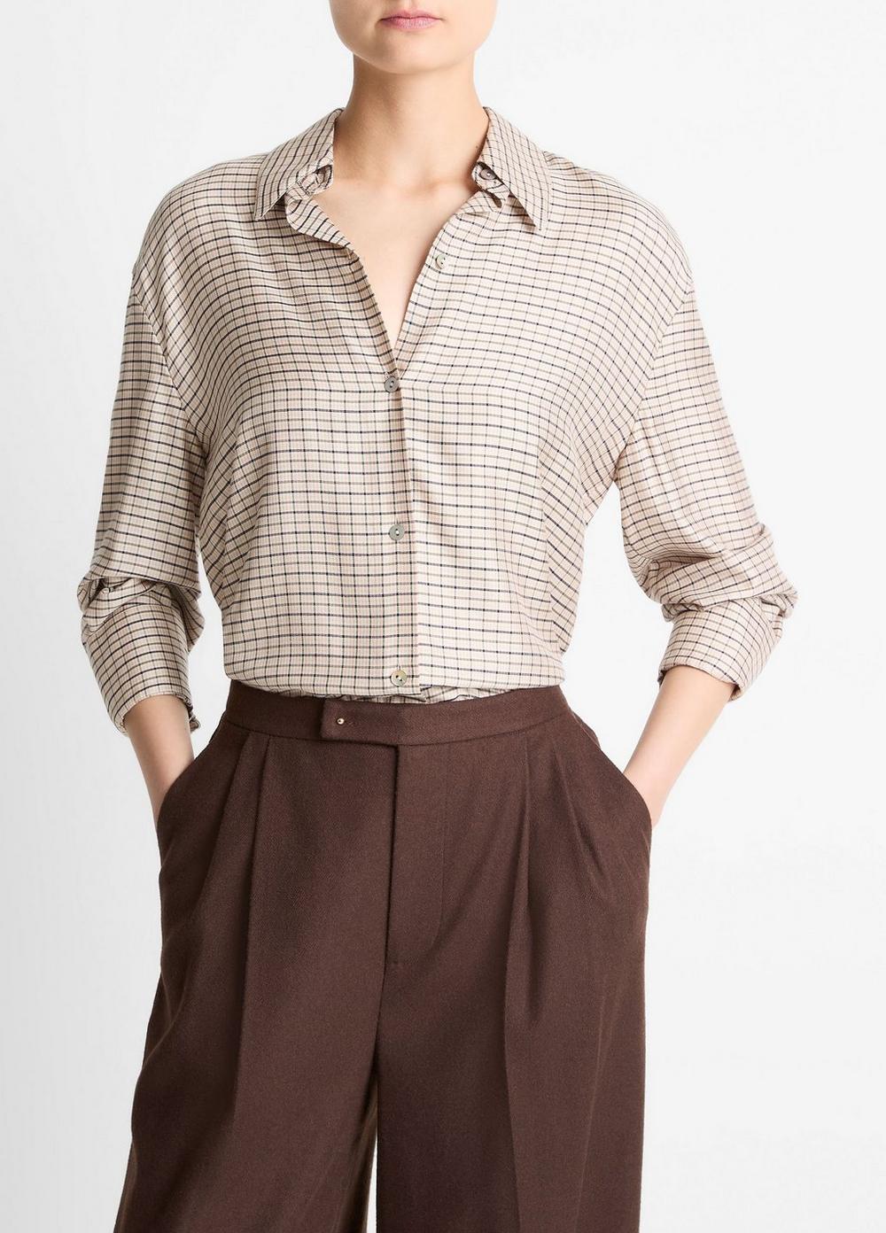Women's Smocked Micro-check Button-Front Shirt, Taupe Multi, Size M Vince