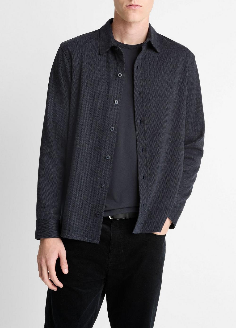 Men's Herringbone Cotton-Blend Button-Front Shirt, Coastal Blue, Size L Vince