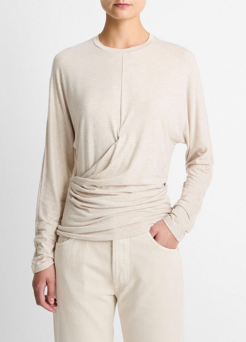 Women's Fixed-drape Long-Sleeve T-Shirt, Heather Cream Oat, Size XS Vince