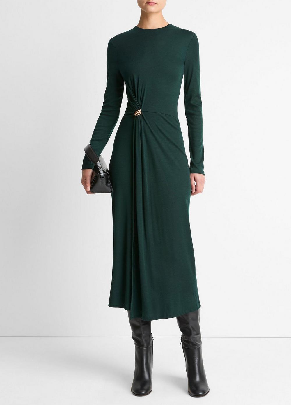Women's Cinched-Waist Wool-Blend Long-Sleeve Dress, Juniper, Size L Vince