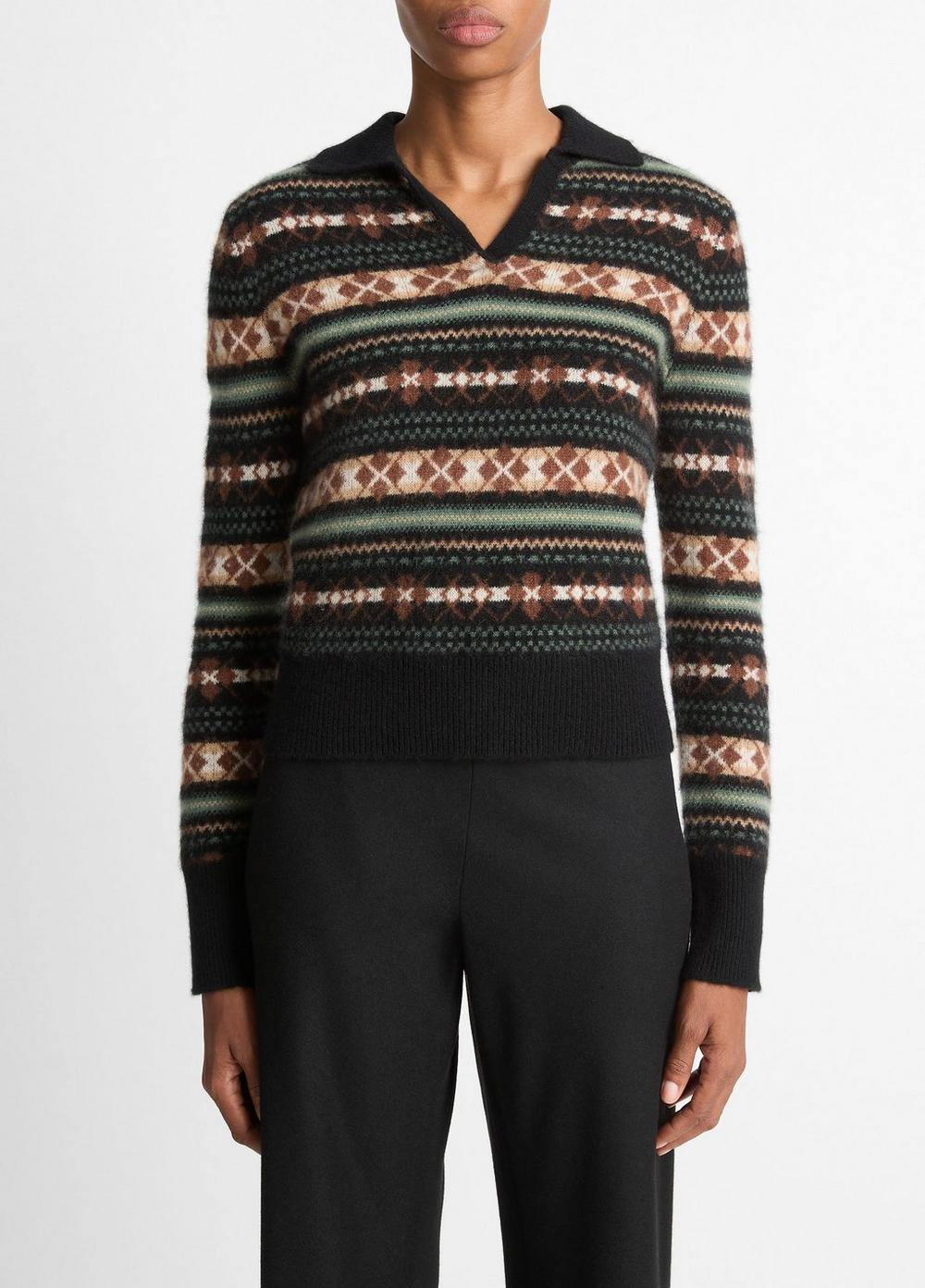 Women's Fair Isle Cashmere Polo Sweater, Cacao/malachite Combo, Size XS Vince