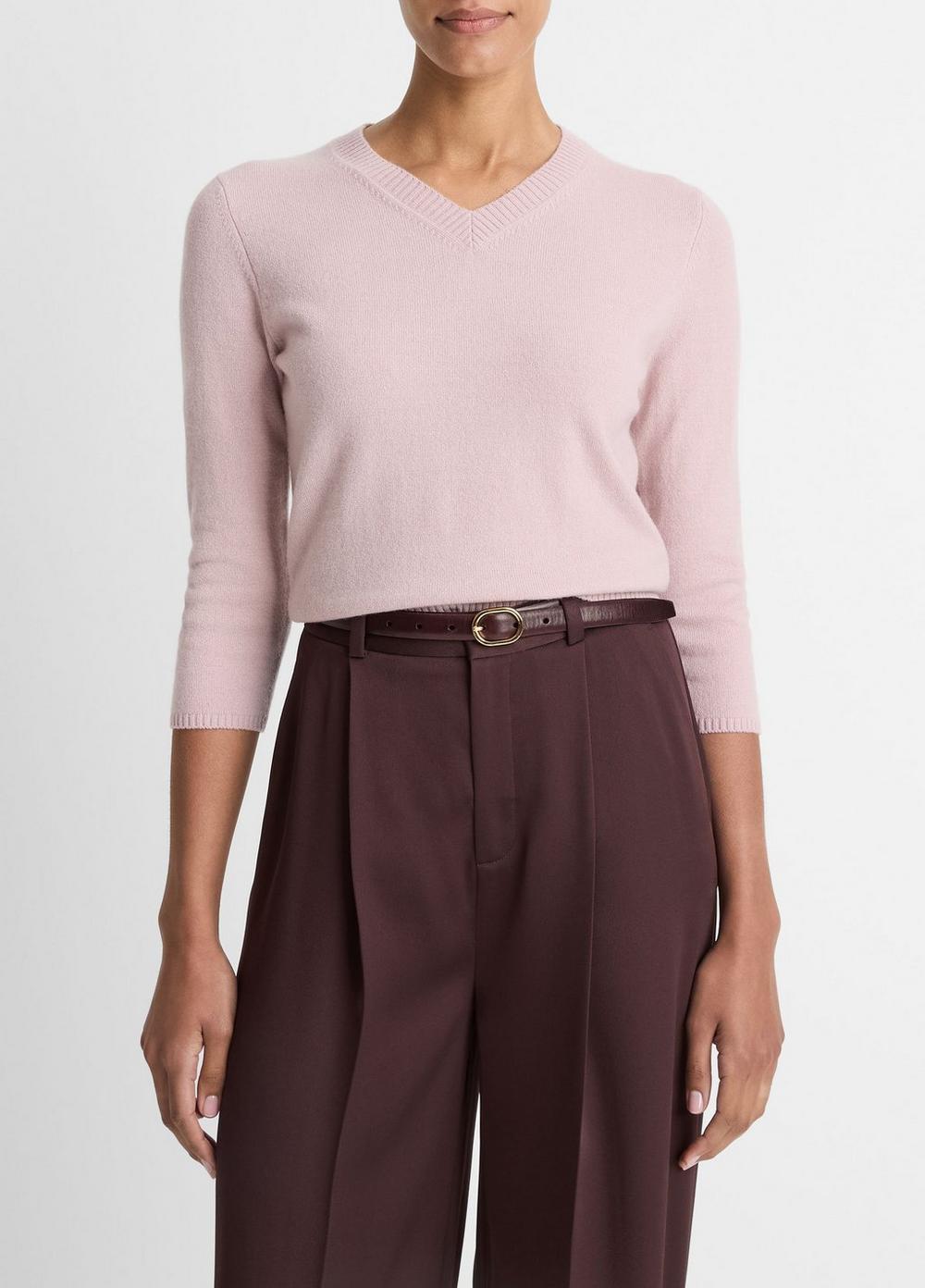 Women's Wool & Cashmere-Blend Three-quarter-Sleeve V-Neck Sweater, Dark Baletto, Size M Vince