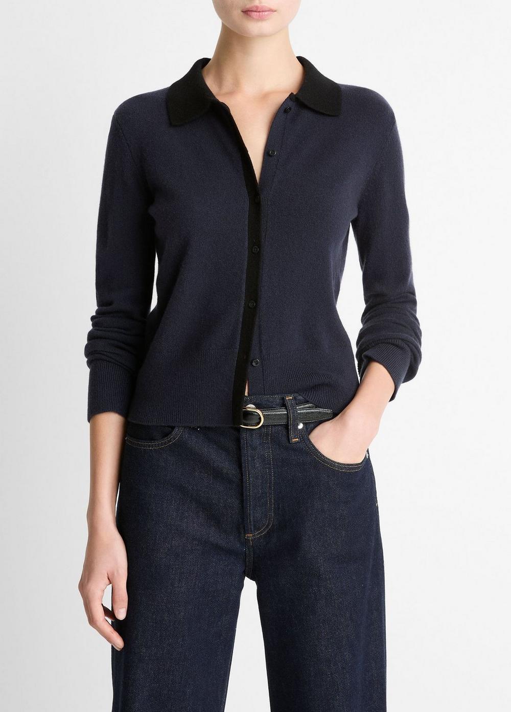 Women's Contrast-Trim Wool & Cashmere-Blend Collared Cardigan, Night Marine/black, Size XXS Vince