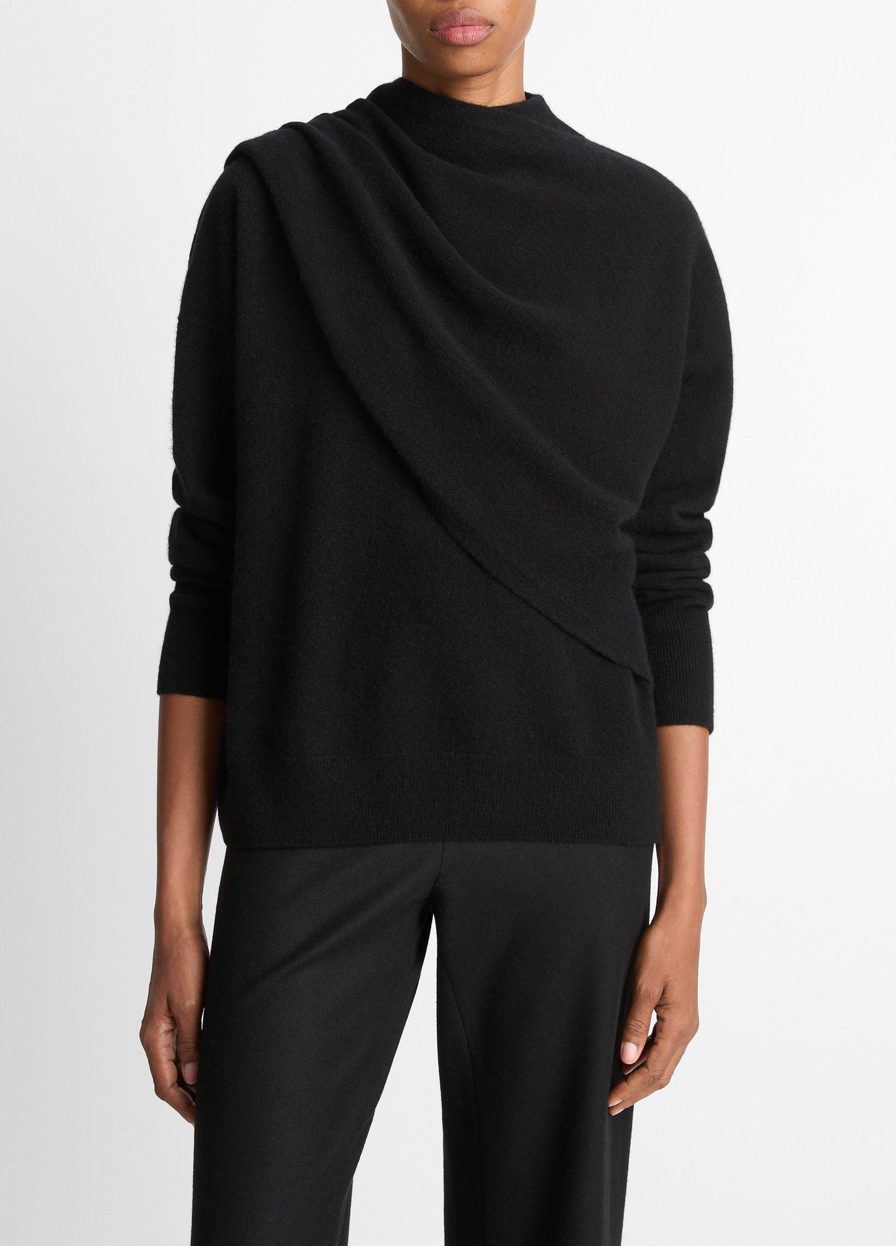 Women's Draped-shawl Wool-Cashmere Sweater, Black, Size L Vince
