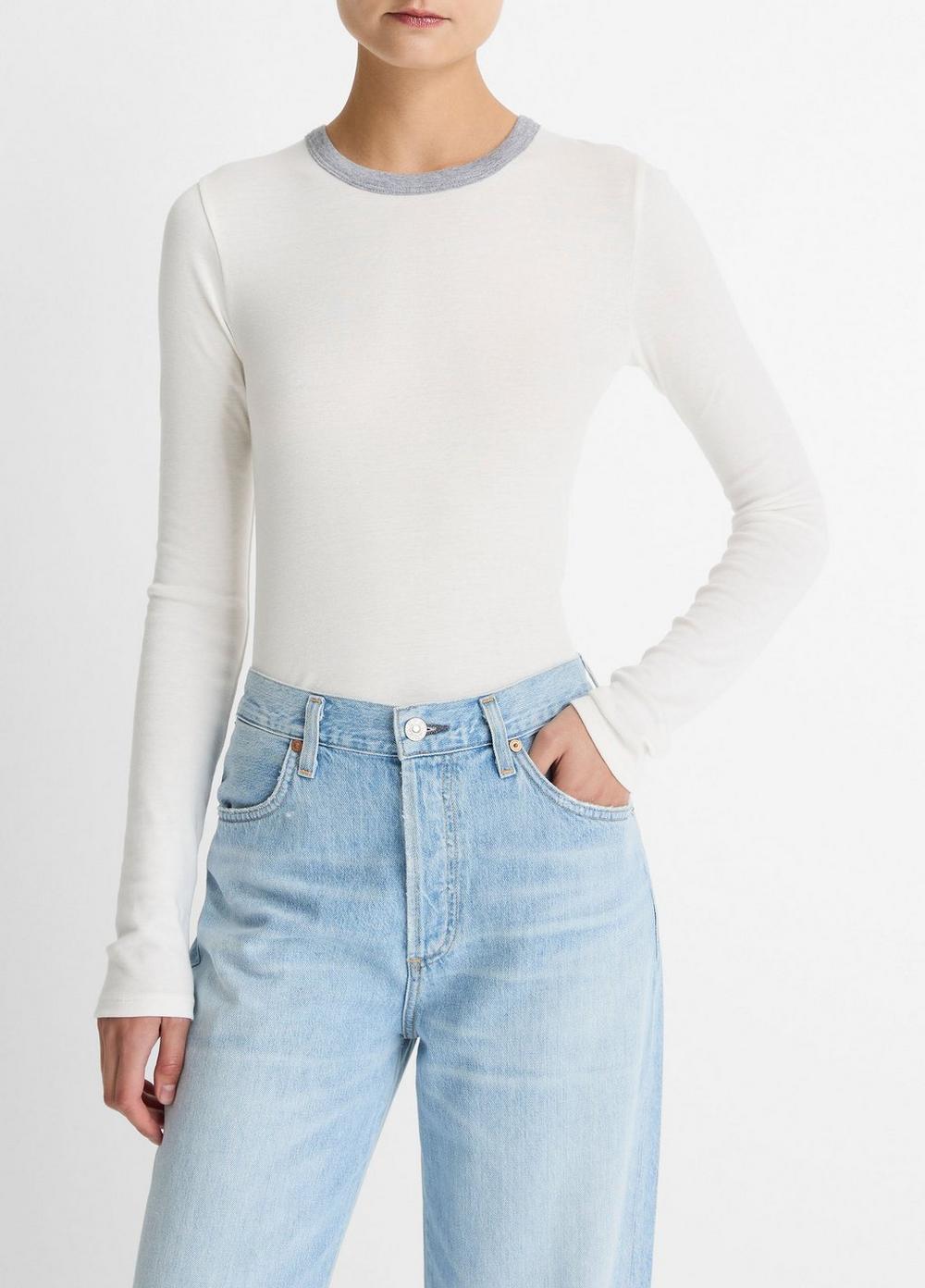 Women's Tipped Heathered Pima Cotton-Blend Long-Sleeve T-Shirt, Off White Combo, Size XXS Vince