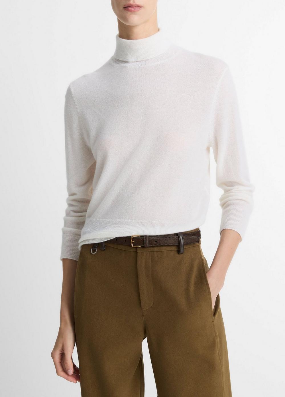 Women's Cashmere-Silk Three-quarter-Sleeve Mock-Neck Sweater, Off White, Size XL Vince
