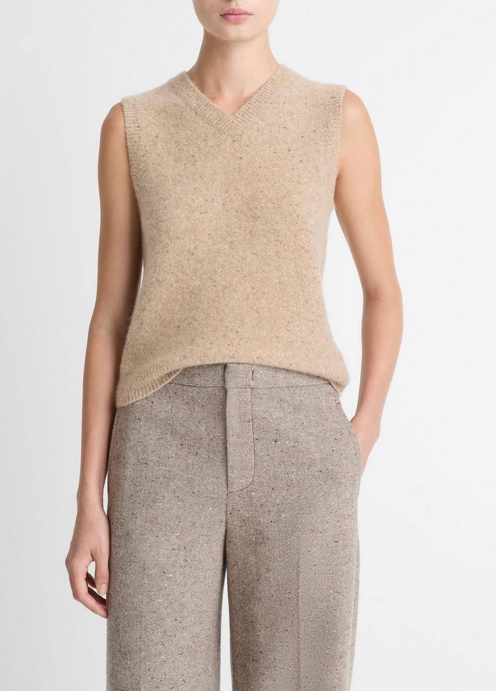 Women's Donegal Plush Cashmere Sweater Vest, Heather Oat Donegal, Size XS Vince