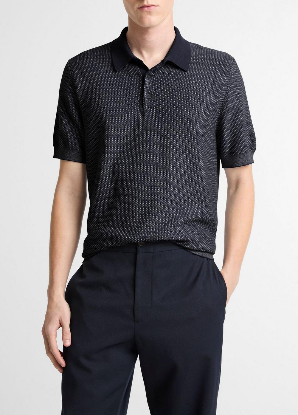 Men's Geo-jacquard Wool-Blend Blend Polo Sweater, Coastal Blue/medium Heather Grey, Size L Vince