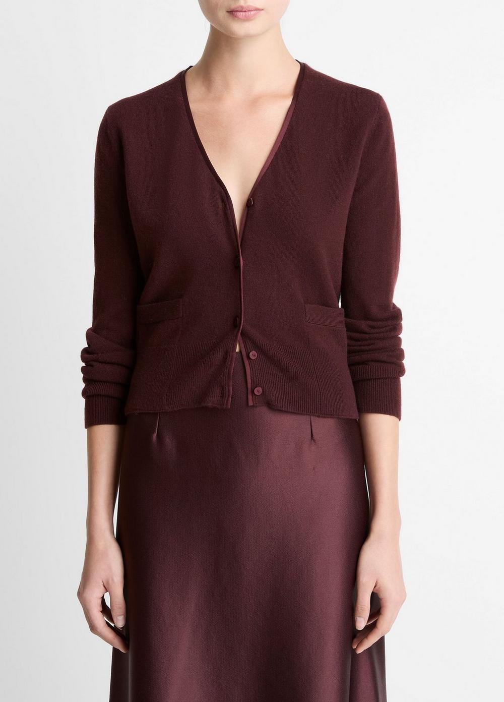 Women's Satin-Trim Wool & Cashmere-Blend Cardigan, Oxblood, Size L Vince
