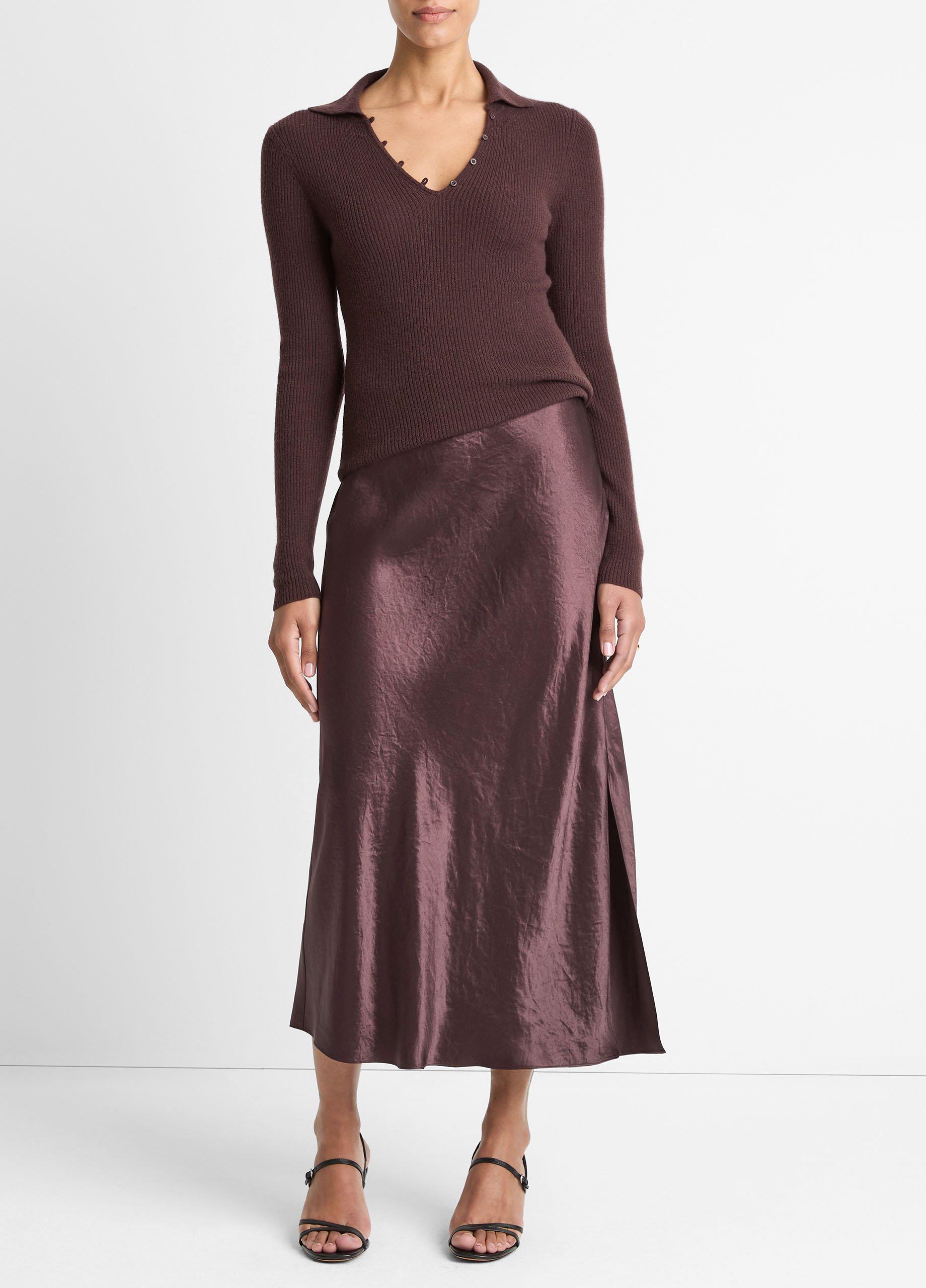 Women's Satin Side-Slit Slip Skirt, Fig, Size XL Vince