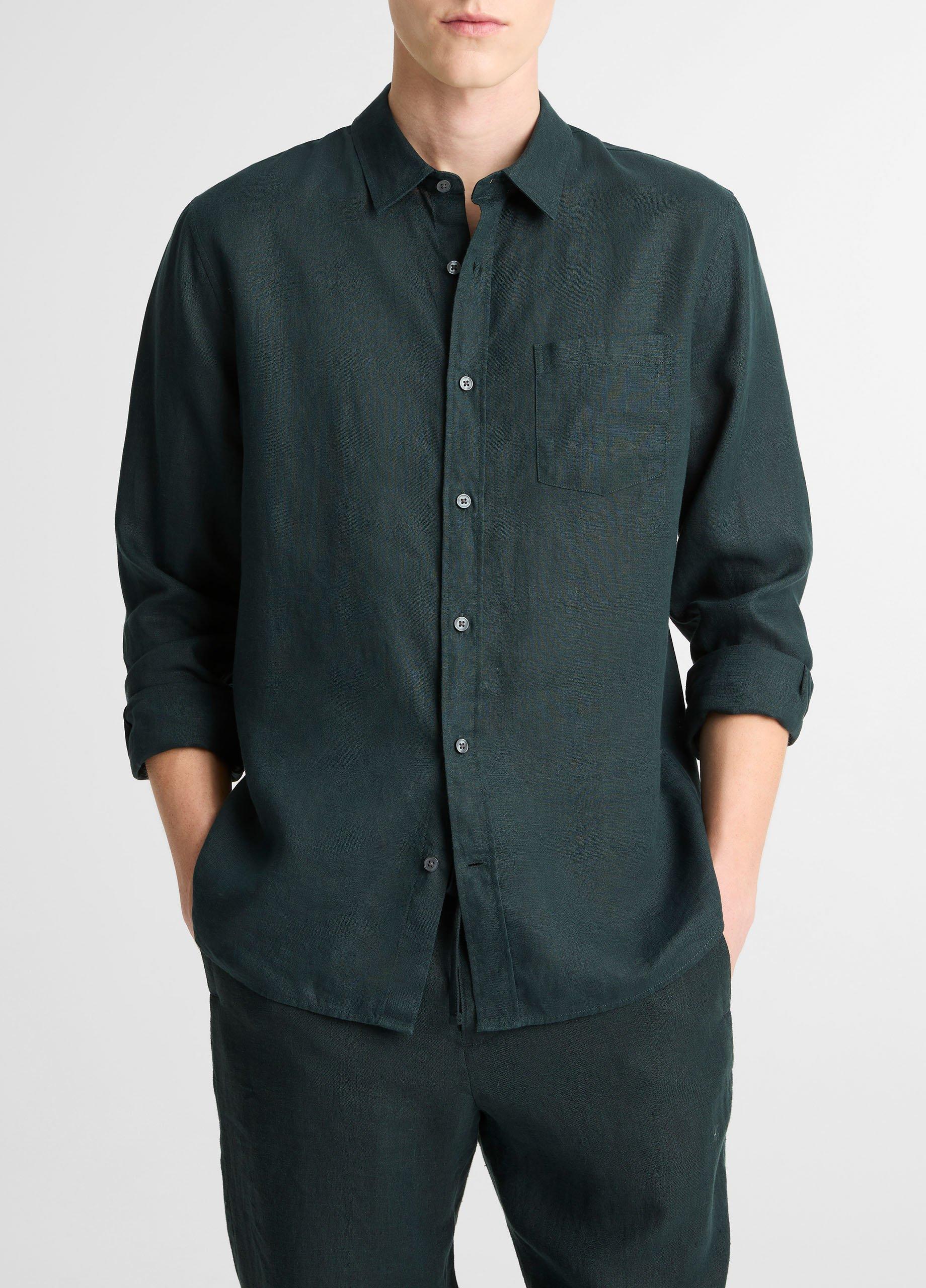 Men's Linen Long-Sleeve Shirt, Seaweed, Size L Vince