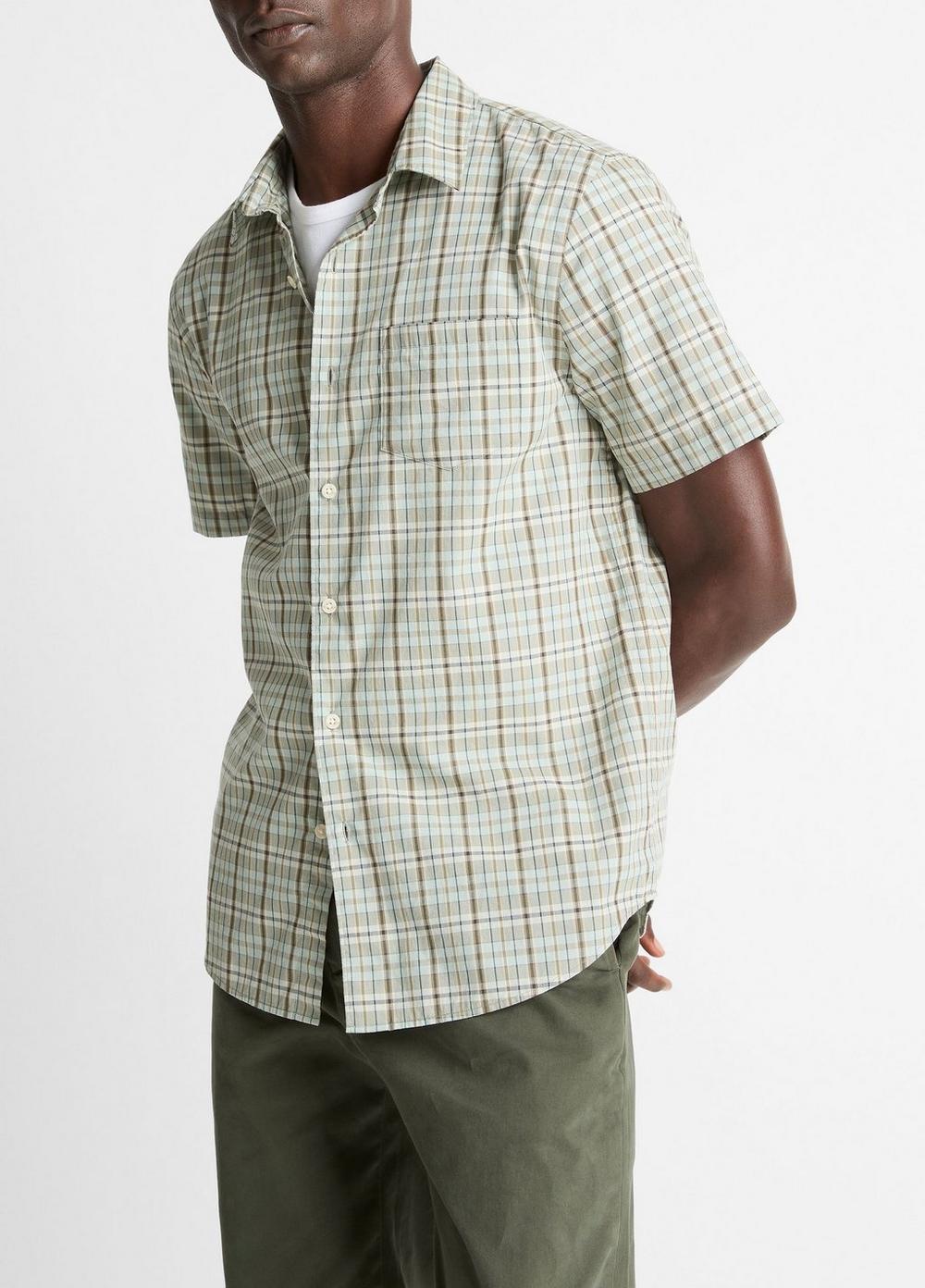 Men's Polson Plaid Cotton Short-Sleeve Button-Front Shirt, Seafoam Combo, Size XL Vince