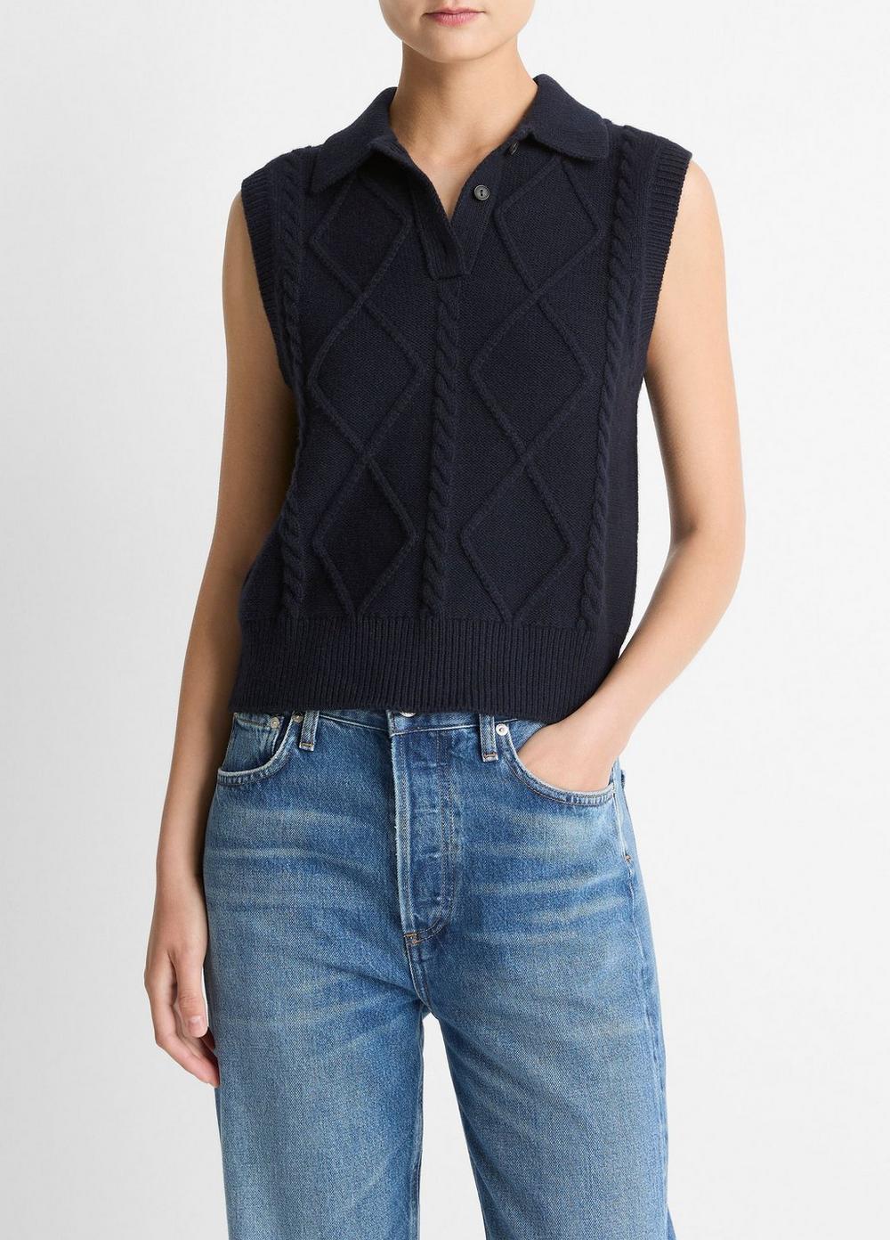 Women's Cable-Knit Wool & Cotton-Blend Sweater Vest, Coastal Blue, Size XL Vince